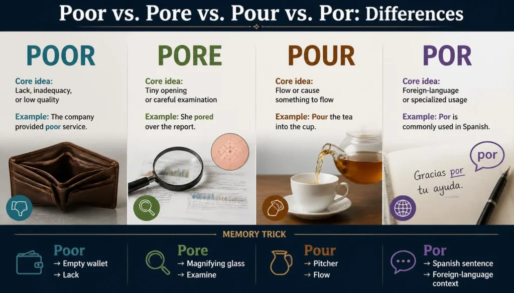 Poor vs. Pore vs. Pour vs. Por: Differences