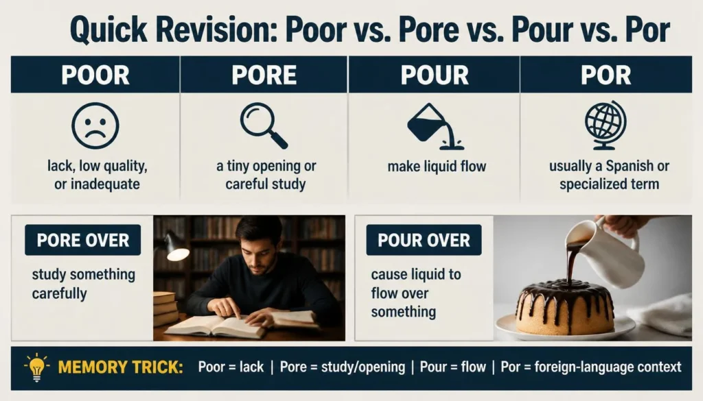 Poor vs. Pore vs. Pour vs. Por: quick revision
