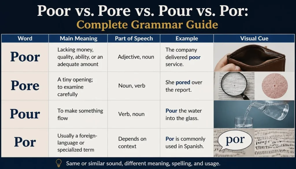 Poor vs. Pore vs. Pour vs. Por: complete grammar